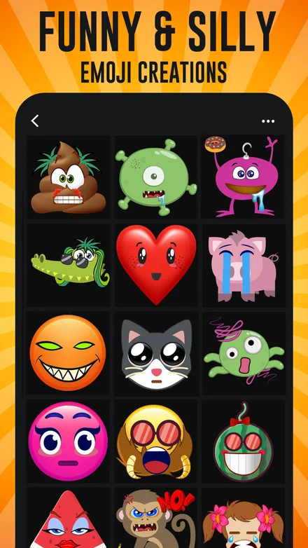 Gallery of funny and silly emoji creations including one-eyed monsters, a crying pig, a kawaii cat face and a grinning watermelon