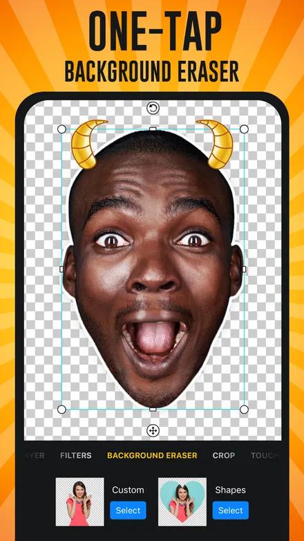 One-tap background eraser cutting a surprised face out of a photo onto a transparent canvas, with golden horn props and Custom and Shapes cut-out options